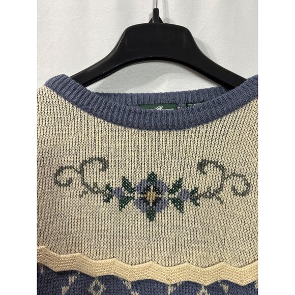 Vintage 80s Cabin Creek Blue Cream Sweater M Nordic Geometric Pattern Floral - Picture 2 of 5